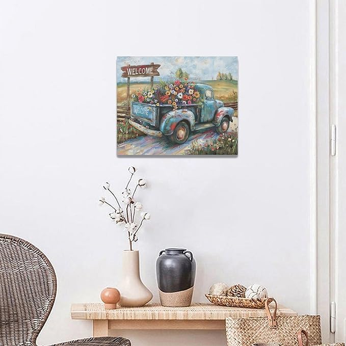 Farmhouse Truck Wall Art Rustic Country Wildflowers Wall Decor Road Flowers Landscape Pictures Canvas Print Painting Artwork for Bathroom Living Room Bedroom 16"x20"