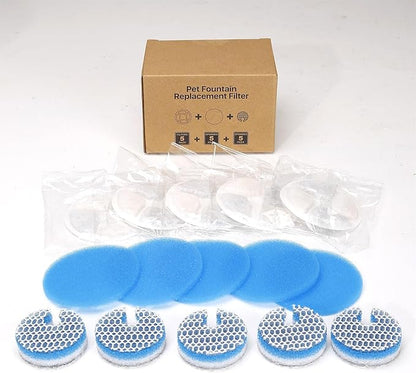 5 Set Cat Water Fountain Filter Replacement for Round 2L/67oz Stainless Steel Cat Fountain, ZEKIRY Pet Fountain Filter, Triple Filtration Replacement Filters(5 Filter, 5 Sponge, 5 8D Sponge)