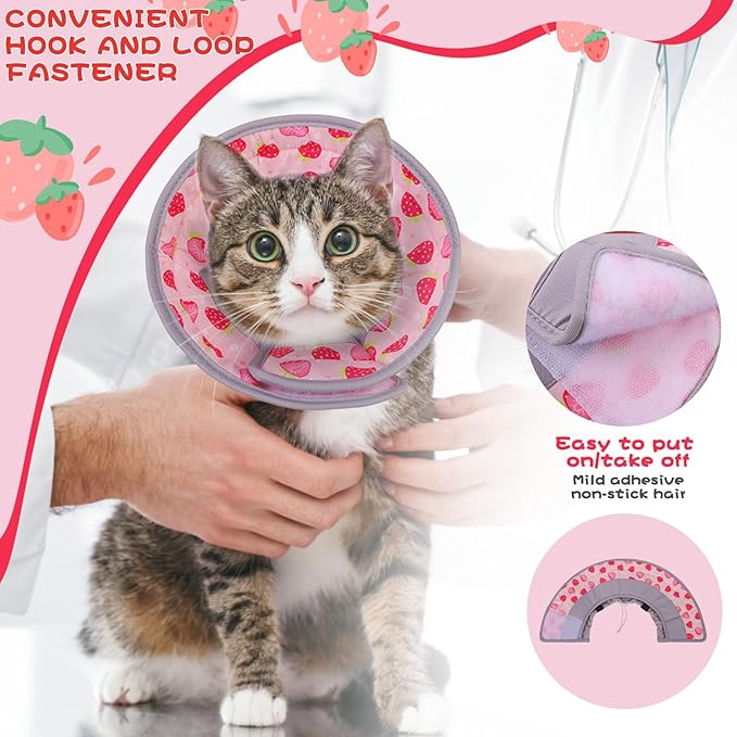 EXPAWLORER Cat Recovery Cone Collar- Soft Adjustable Pet Collar for After Surgery, Waterproof Elizabethan Protective Collar, Stop Licking Donut for Small Medium Kittens (Strawberries M (8.5-12 in))