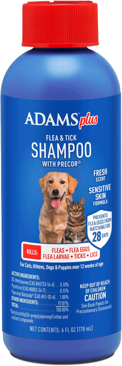 Adams Plus Flea & Tick Shampoo with Precor for Cats, Kittens, Dogs & Puppies Over 12 Weeks Of Age |Sensitive Skin Flea Treatment for Dogs & Cats |Kills Adult Fleas, Flea Eggs, Ticks, and Lice |6 Oz