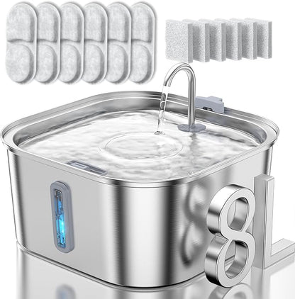 Dog Water Fountain for Large Dogs, 8L/2.1Gal Stainless Steel Pet Water Fountain with Water Level Window, Automatic Dog Water Bowl Dispenser for S-L Dogs and Multi-Pets (with 6pcs Filters)