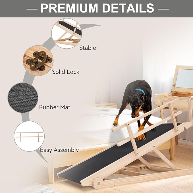 Folding Wooden Dog Ramp for Bed, Couch & Car,45IN Long- 5 Level Adjustable Pet Ramp, Non-Slip Rubber Mat, 17.7'' Extra Wide - Supports Small & Large Senior Dogs & Cats up to 200 lbs