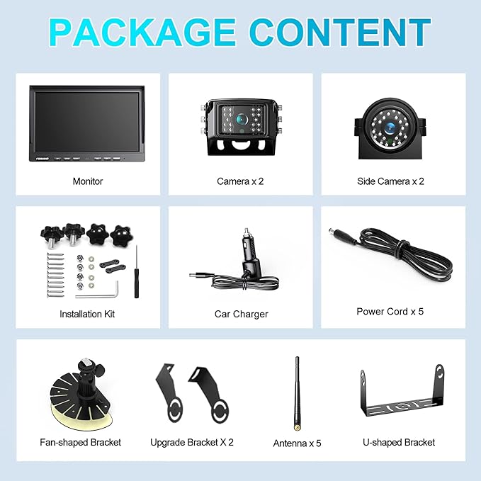 Fookoo HD 10" Wireless Backup Camera System, 1080P 10-inch Quad Split Monitor w/Recording, Waterproof Side & Rear View Cameras, 4 Channel, Digital Signal, Parking Lines for RV/Truck/Trailer