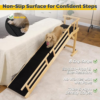 Dog Ramp for Bed or Couch, Wooden Pet Ramp with 20° Gentle Slope, Removable Side Rails, Non-Slip Surface, Top Platform & Wheels, Safe Bed Ramp for Small, Medium & Senior Dogs, 74" Long, Natural