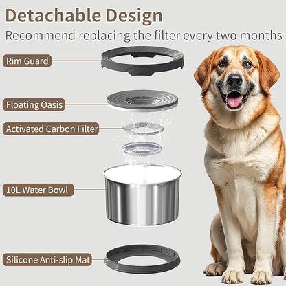10L Dog Water Bowl No Spill 2.6 Gallon Super Large Capacity Stainless Steel No Splash Dog Bowls 338oz Slow Drinking Feeder with Non-Slip Base Pet Water Dispenser for Dogs