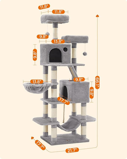 Feandrea Cat Tree, 66.1-Inch Large Cat Tower with 13 Scratching Posts, 2 Perches, 2 Caves, Basket, Hammock, Pompoms, Multi-Level Plush Cat Condo for Indoor Cats, Light Gray UPCT165W01