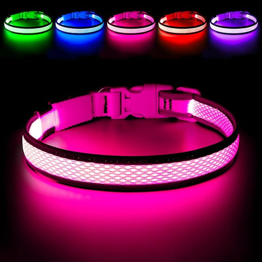Flashseen LED Dog Collar, USB Rechargeable Light Up Dog Collar Lights, Adjustable Comfortable Soft Mesh Safety Pet Collar for Small, Medium, Large Dogs(Medium, Candy Pink)