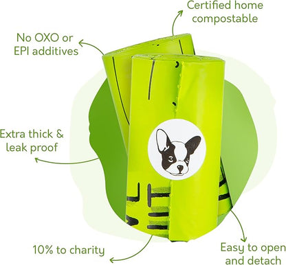 100% Certified Home Compostable Dog Poop Bags with Handles - 10% to Charity - ASTM D6400 & EN 13432 Compliant - 120 x Plant Based X Large Compostable Poop Bags (10 Rolls)