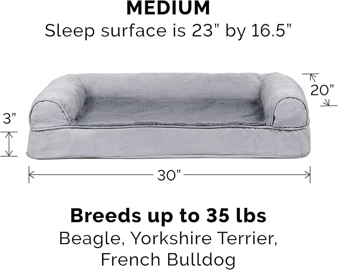 Furhaven Cooling Gel Dog Bed for Medium/Small Dogs w/ Removable Bolsters & Washable Cover, For Dogs Up to 35 lbs - Plush & Suede Sofa - Gray, Medium