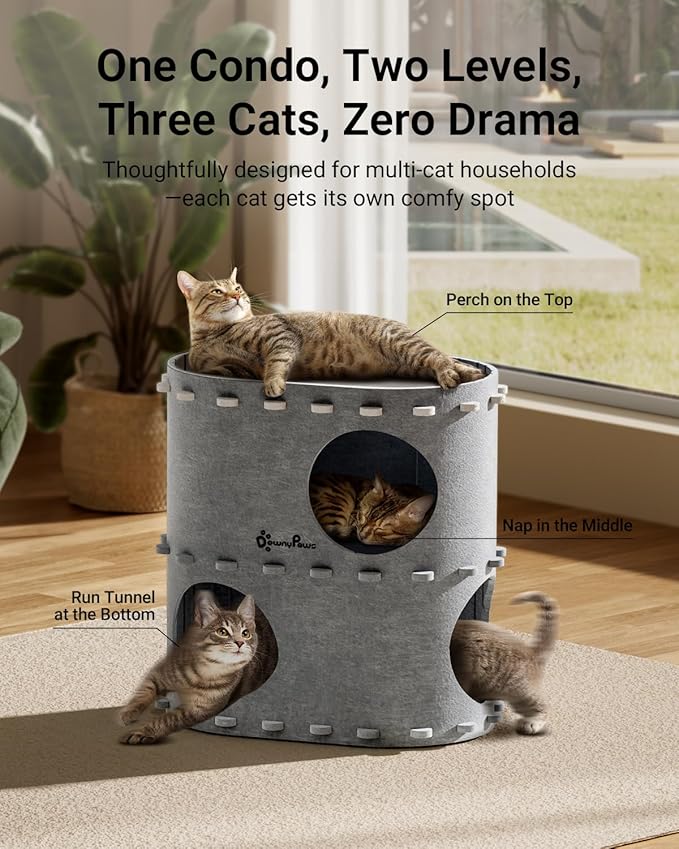 DownyPaws Cat House for Indoor Cats, 2-Storey Foldable Cat Bed Cave, Felt Cats Tunnel Bed Condo, Castle Kitten Cube Hideaway for Multicats, Scratch Resistant, Light Gray
