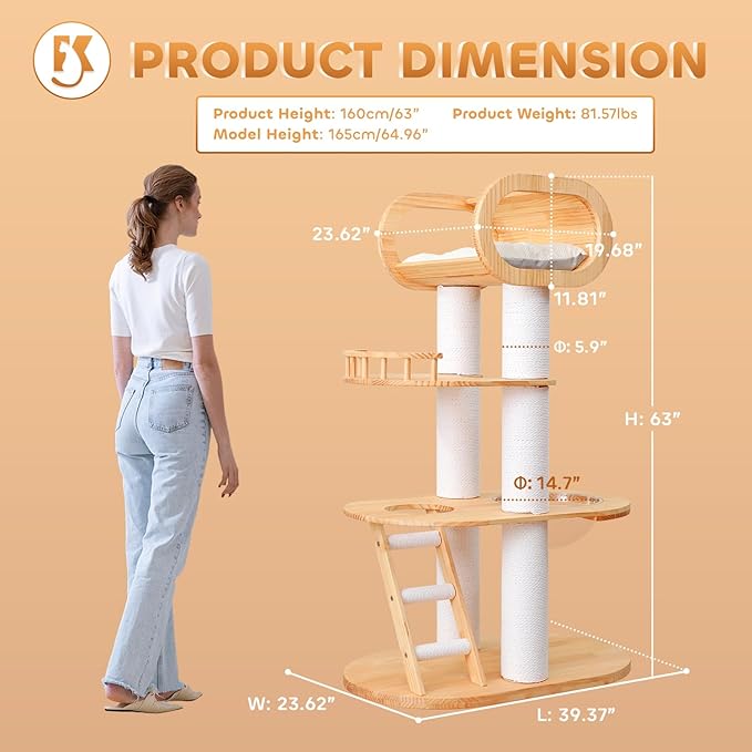 63.6'' Modern Cat Tree Indoor, Solid Wood Cat Tree with Scratching Post for Multi-Cat Families, Tall Cat Tower with Auxiliary Stairs, Huge Condo for Large Cats