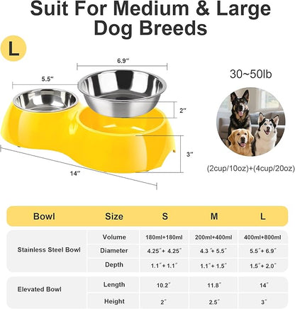 Elevated Dog Bowls Set - Non-Slip Raised Pet Feeder with Medium (2 Cups) & Large (4 Cups) Stainless Steel Bowls - Includes Durable Resin Stand for Puppies, Adult Dogs & Cats - Yellow