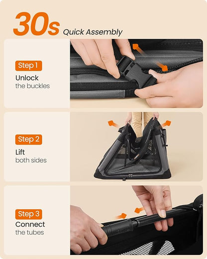 Feandrea Collapsible Dog Crate, 24-Inch Portable Dog Travel Crate for Small Dogs, Oxford Fabric Pet Carrier with 4 Mesh Doors, Handles, Storage Pocket, Water Bottle Holder, Ink Black UPDC016B01