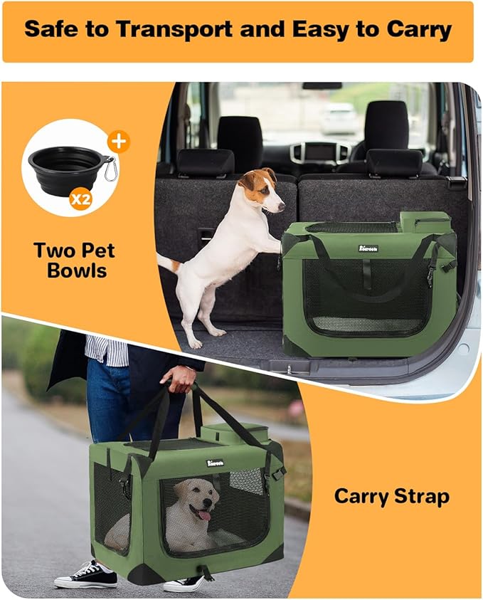 Extra Large Dog Crate with 2 Foldable Bowl, 36 Inch Collapsible Travel Dog Crate Kennel with Soft Blanket for Medium Dogs,Indoor & Outdoor (36" L x 25" W x 25" H, Green)