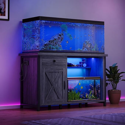 4ever2buy 55 Gallon Fish Tank Stand with LED Light & Power Outlets, 55-75 Gallon Aquarium Stand with Drawer & Barn Door, Cabinet for Fish Tank Accessories Storage for Reptile Tank, Turtle Tank, Gray