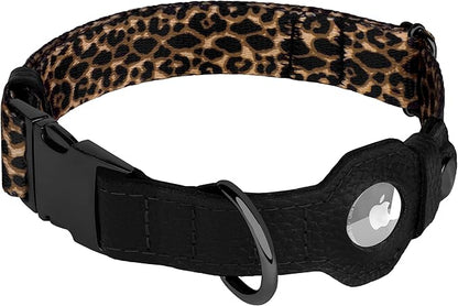 AirTag Dog Collar for Small Medium Large Breed - Adjustable Cute Pattern Dog Collar with Airtag Holder - Soft Leather Tracker GPS Apple Air Tag Pet Collars (X-Large, 20"-25" Neck Fit, Leopard)
