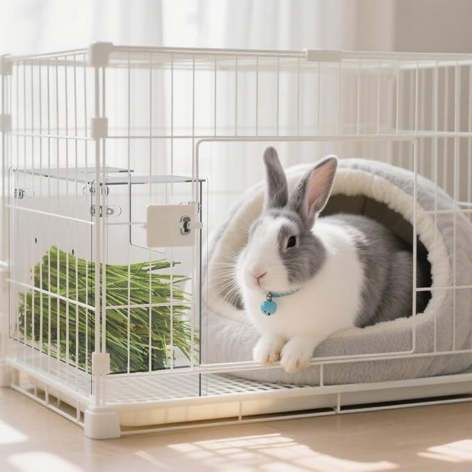 Acrylic Rabbit Hay Feeder with Lid, Transparent Hanging Food Dispenser Hay Feeder for Bunny Rabbits Guinea Pig Cage Chinchillas Hamsters Small Pets and Animals（Medium