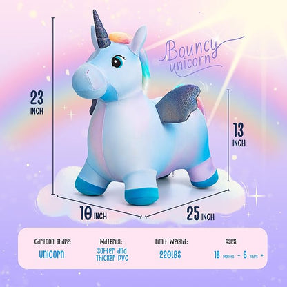 EVERICH TOY Unicorn Bouncy Horses Inflatable Plush Hopping Toy Bouncing Hopper Animals for Toddlers,Outdoor&Indoor Bouncy Animals for Toddlers,Gift for 18 Months 2 3 4 Year Old (W/Pump)