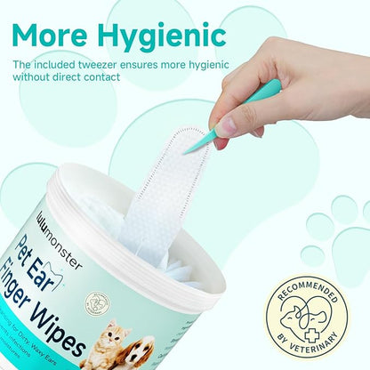 Ear Cleaner Finger Wipes for Dog & Cat [Finger Casing Design][Pet Ear Wipes with Tweezers] for Controlling Ear Infections and Ear Odor Reduce ear wax buildup Natural Ingredients Dog Ear Wipes