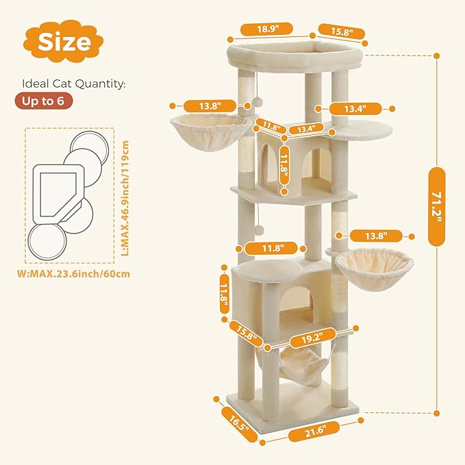 71.2" Tall Cat Tree for Indoor Cats - 9-Level Multi-Cat Tower w/5 Sisal Scratching Posts, 2 Condos, 3 Hammocks, Perch & Pom Poms - Heavy-Duty for Adult Cats, Space-Saving Plush Beige