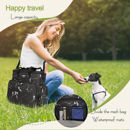 Dog Travel Bag,Weekend Pet Travel bag Set for Dog and Cat,Airline Approved Tote Multi-Function Dog Bags for Traveling,Include 2 Collapsible Bowls,2 Food Storage Containers,1 Feeding Mat,Marble
