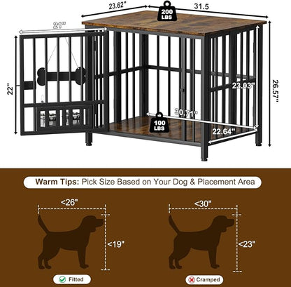 Easycom 31" Dog Crate Furniture Foldable, No Assembly Decorative Dog Kennel Indoor, Dog Crates for Small Dogs (20-40 lbs), Wooden Dog Cage with Adjustable Bowls and Name Tag, End Table, Rustic Brown