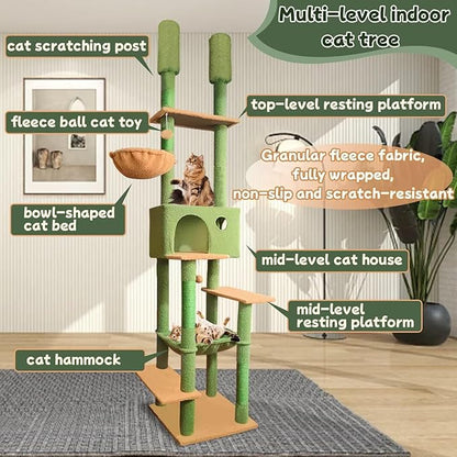 96.5"-108" Cat Tree Floor to Ceiling 7-Tier Cat Tower Adjustable Height with Scratching Posts, Cozy Hammock, Cat Condo for Indoor Cats(Green)