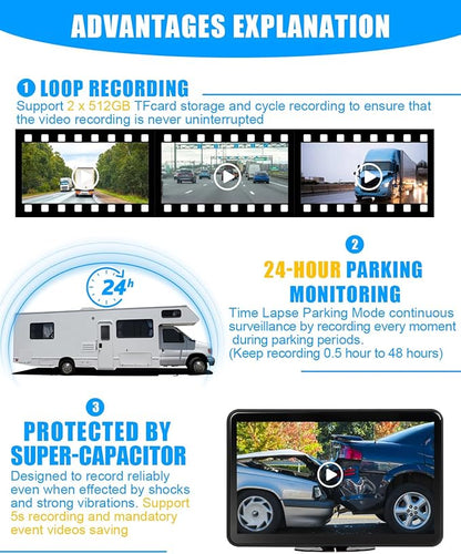 4CH 10.1 inch AI WiFi GPS RV Backup Camera Monitor System with Touch Screen and 4x1080P Waterproof Night Vision Cameras, Blind Spot Detection DVR Video Recorder for Truck Trailer Semi Camper Van Taxi