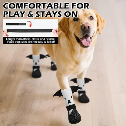 EXPAWLORER Halloween Anti Slip Dog Socks to Prevent Licking Paws, Boots & Paw Protectors with Grippers,Doggie Booties for Hardwood Floors for Small Medium Large Senior Dogs Costume White Ghost Wings L