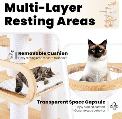 74.8" Modern Cat Tree for Indoor Cats, Tall Wood Cat Tower with Scratching Post, Heavy Duty Luxury Condo with Removable Mats, Multi-Level Cat Furniture for Cats