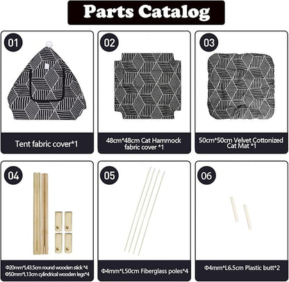 2-in-1 Elevated Cat Tent Cat House, Quick Assembly and Disassembly, Portable Indoor/Outdoor Cute Cat Bed Cave-Black Diamond Pattern