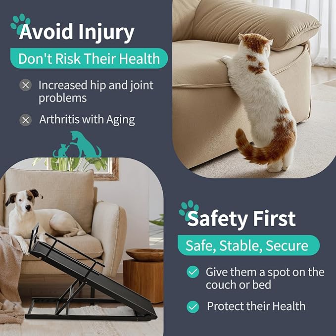 Dog Ramp, 5 Level Adjustable Height Folding Pet Ramp for High Bed, Portable Paw Ramps Large Bed Ramp for Medium & Large Old Dogs & Cats - Natural Wood Furniture Quality