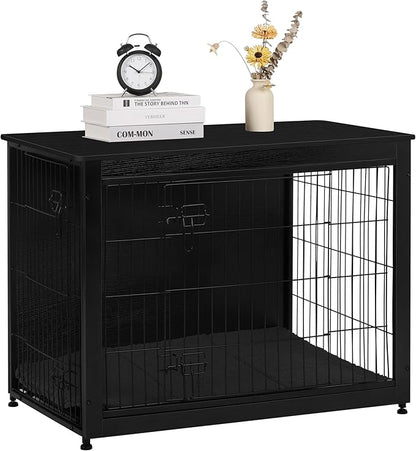 DWANTON Dog Crate Furniture with Cushion, Wooden Kennel Table with Double Doors, Indoor Dog House, Large Size, 38.5" L, Black