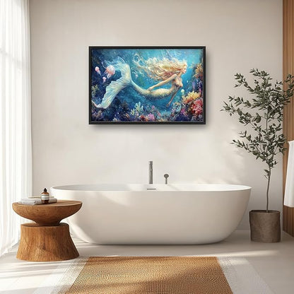 Extra Large Framed Mermaid Wall Art,Oversized Undersea Ocean Wall Decor,Colorful Coral Reefs Pictures for Living Room,Elegant Canvas Print Painting Modern Artwork Bedroom Bathroom 36L x 24W