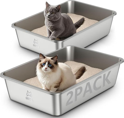 2 Pack Stainless Steel Cat Litter Box, 23.4" L×15.6" W×5.9" H, Metal Kitty Litter Box with High Sided for Big Cats, Non-Stick, Easy to Clean, Odor-Free