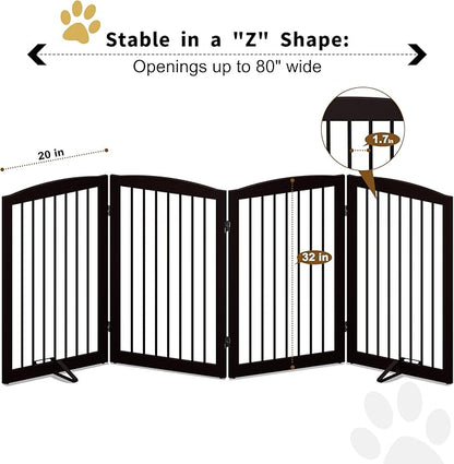 Freestanding Pet Gate for Dogs, Indoor Wooden Foldable Dog Gate for House, Doorway, Stair, 80 Inch Wide, 4 Panels 32",Brown