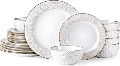 GBHOME Ceramic Dinnerware Sets,18 pcs Embossed Elegant Stoneware Plates and Bowls Sets, Housewarming Wedding Gift | Dishwasher & Microwave Safe | Dishes Set Service for 6