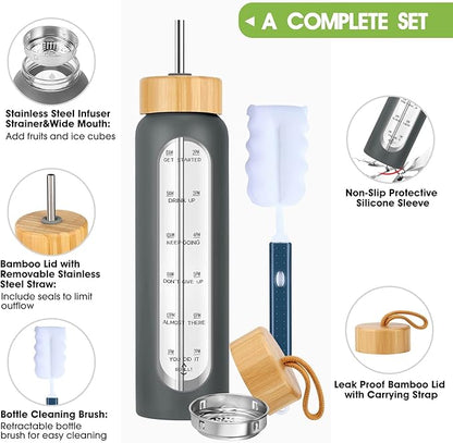 32 oz Glass Water Bottle with Straw - Motivational Time Marker & Silicone Sleeve - Reusable Tumbler Includes 2 Bamboo Lids & Fruit Infuser - 1 Pack