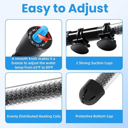 AQUANEAT Aquarium Heater, 100W Fish Tank Heater, Adjustable Submersible Water Thermostat with Digital Thermometer