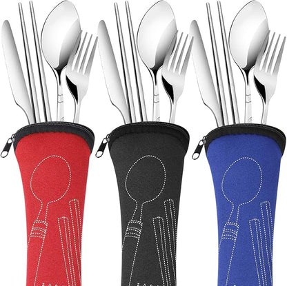 3 Pack Reusable Flatware Sets Knife, Fork, Spoon, Chopsticks, 12Pcs Portable Travel Stainless Steel Tableware Dinnerware with Carrying Case