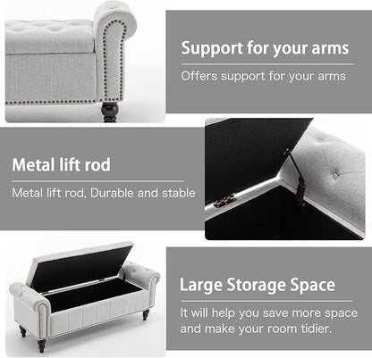 58’’ Storage Bench for Bedroom, Upholstered Button-Tufted Ottoman with Solid Wood Legs, Queen Size End of Bed Shoe Cabinet, Window Seat Foot Rest Stool for Entryway, Living Room (Silver)