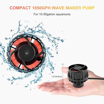 1050GPH Aquarium Wave Maker with Controller Mini DC12V 6W Powerhead with Magnetic Mounting, Nano Wavemaker for 10 to 50 Gallon thickness up to 8mm(1/4") Tank,