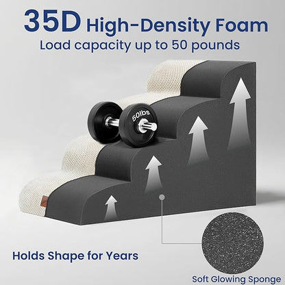 GoGoBunny Waterproof High Density Foam Curved Dog Stairs for High Beds Couches 19.7" H, 4-Step Ramp Dog Steps Friendly to Small Medium Dogs or Pets Joints, Non-Slip Balanced Durable Pet Step, Beige