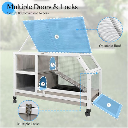 36''L Rabbit Hutch Outdoor with Casters and Run, Wooden Indoor 2 Story Guinea Pig Cage with Divider Panel, Pull Out Tray, Rabbit Duck Bunny House for Small to Medium Animals and Pet Lover, Gray