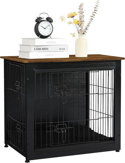 DWANTON Dog Crate Furniture with Cushion, Wooden Kennel Table with Double Doors, Indoor Dog House, Small/Medium/Large Size, 27.2" L, Black+Warm Brown