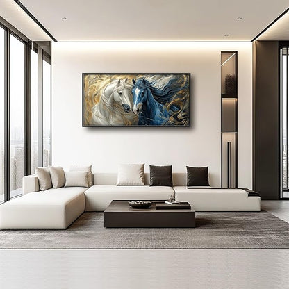 Framed Large Horse Wall Art for Living Room, Oversized Abstract Horses Wall Decor Blue and Golden Canvas Painting Animal Pictures Modern Artwork for Living Room Bedroom Office 60"x30"