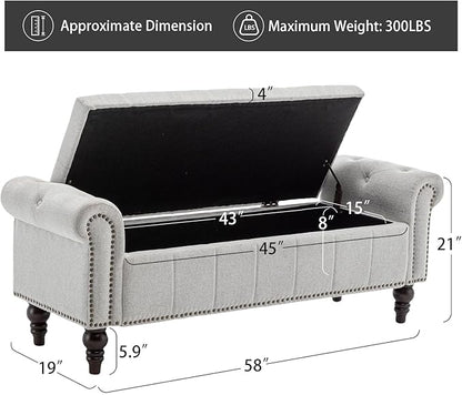 58’’ Storage Bench for Bedroom, Upholstered Button-Tufted Ottoman with Solid Wood Legs, Queen Size End of Bed Shoe Cabinet, Window Seat Foot Rest Stool for Entryway, Living Room (Silver)