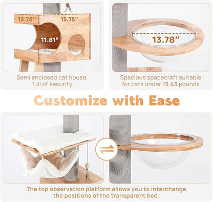 63-inch Modern Cat Tree, Luxury Cat Tower with Scratching Post, Unique Cat Condo with Hammock, Heavy Duty Kitty Climbing Tree for Indoor Cat, Wooden Kitty House for Small Medium Large Cats