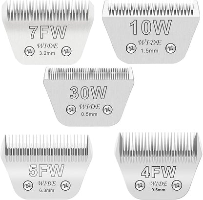 5PCS Wide Blades for Dog Grooming Blades Compatible with Andis Dog Clippers,Size #10W+30W+4FW+5FW+7FW Dog Clipper Blades Compatible with Oster A5,Wahl km10 Dog Clippers,Stainless-Steel Blade Sharp