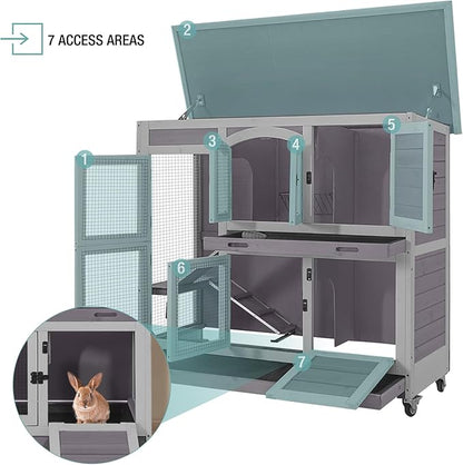 2-Tier Indoor Rabbit Hutch Bunny House Guinea Pig Cage with Sliding Plastic Trays, Wheels & Ramp, 47.2" Multi-Door Wooden Small Animal Cage for Rabbits, Bunnies, and Guinea Pigs (Grey)